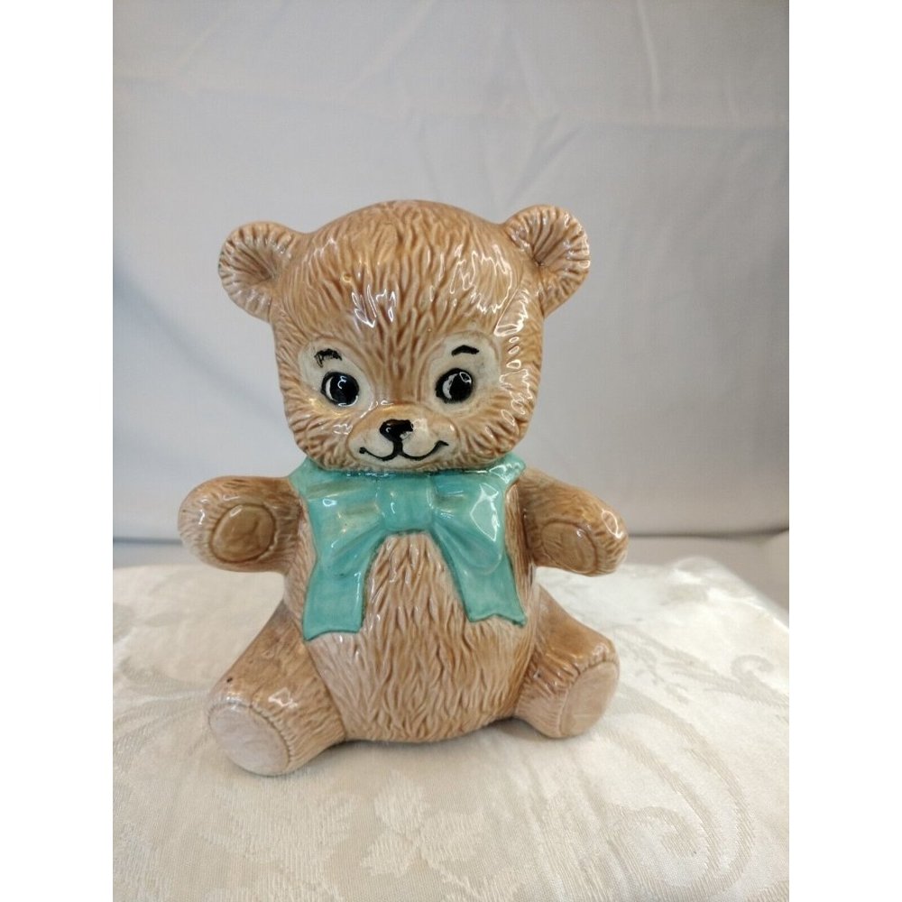Vintage Teddy Bear, Piggy Bank W/Blue Bow 6.5x5